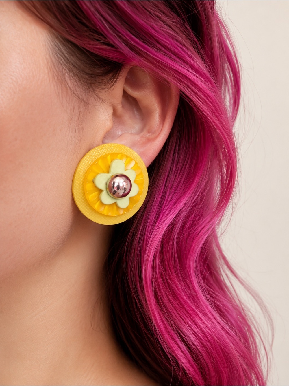 HOMEMADE | Bright Yellow Flower Button Clip On Earrings